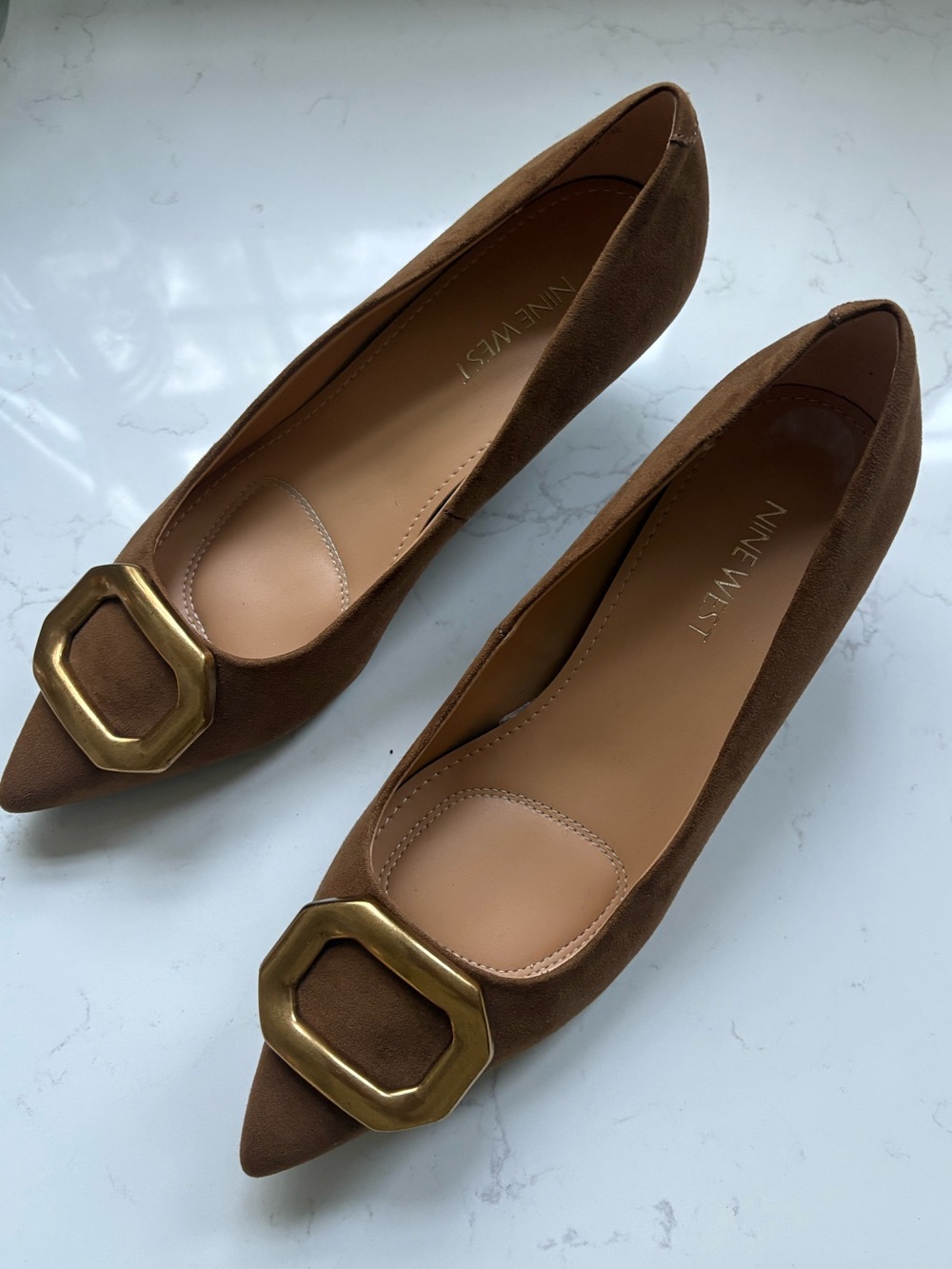 Nine West Suede Pointed-Toe Kitten Brown Heel Pumps with Gold Buckle - Picture 2 of 5
